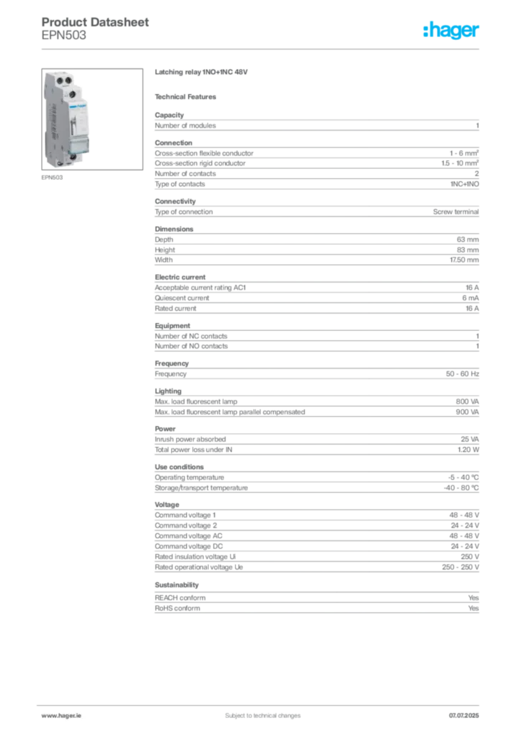 Image Hager Product data sheet EPN503  | Hager