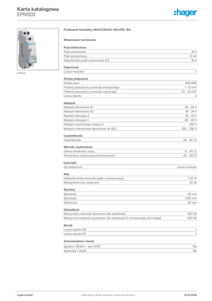 Zdjęcie Hager Karta katalogowa EPN503 | Hager Polska