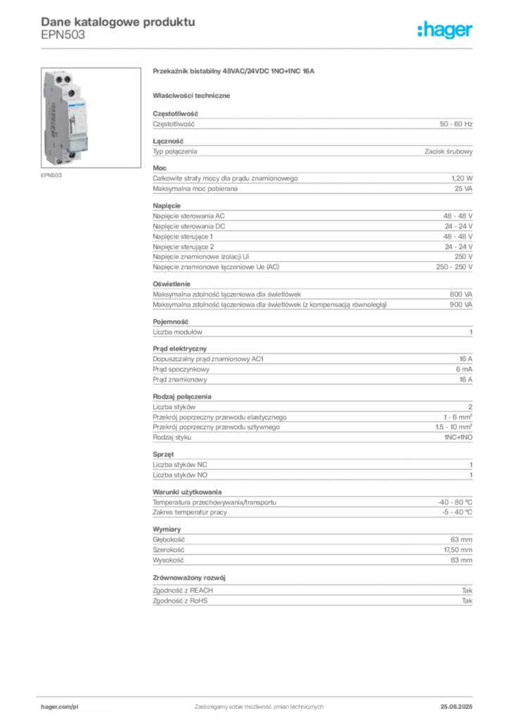 Zdjęcie Hager Karta katalogowa EPN503 | Hager Polska