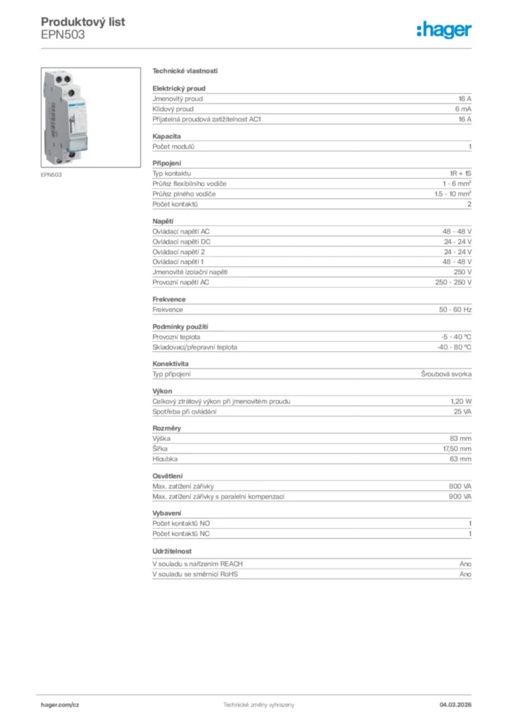 Obrázek Hager Product data sheet EPN503 | Hager