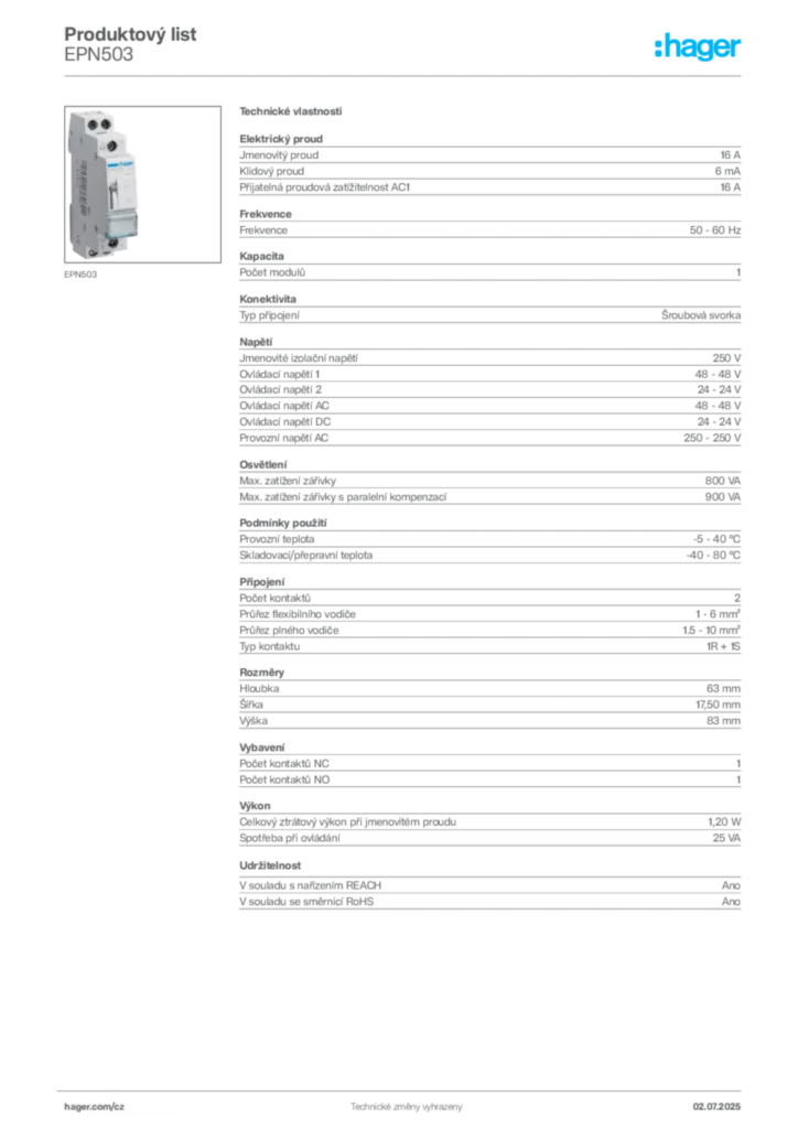 Obrázek Hager Produktový list EPN503 | Hager