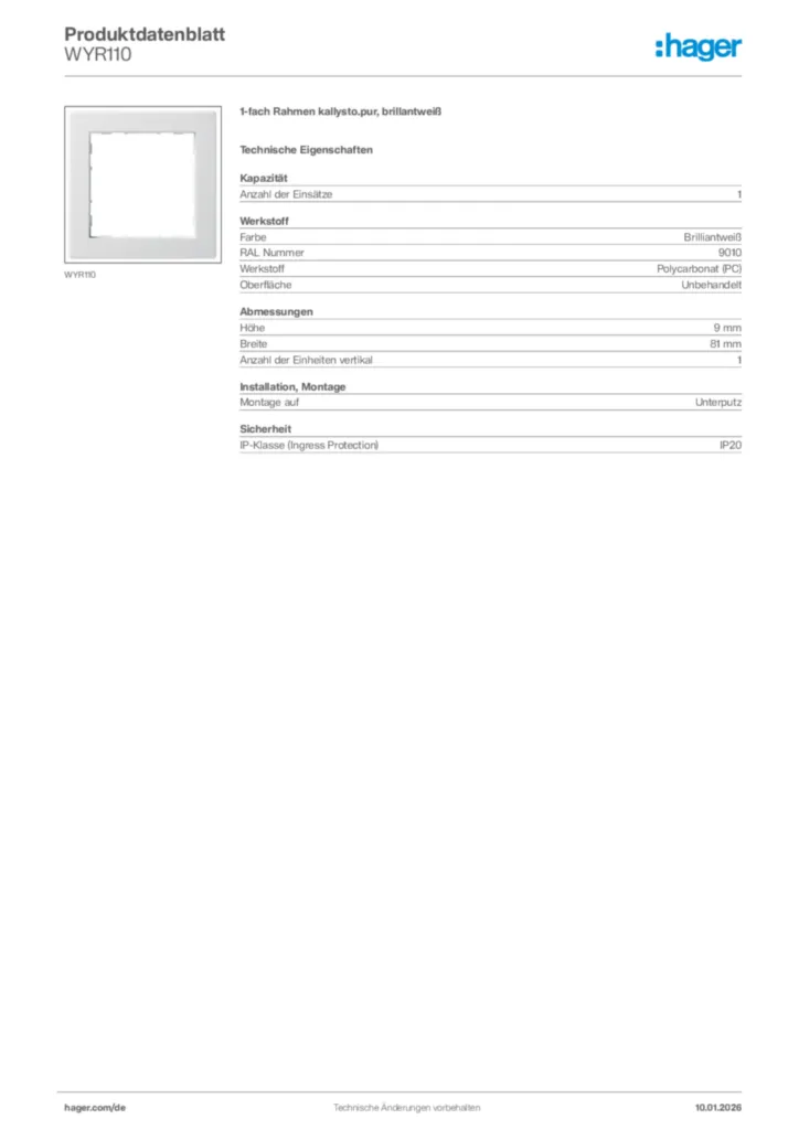 Bild Hager Produktdatenblatt WYR110 | Hager Deutschland