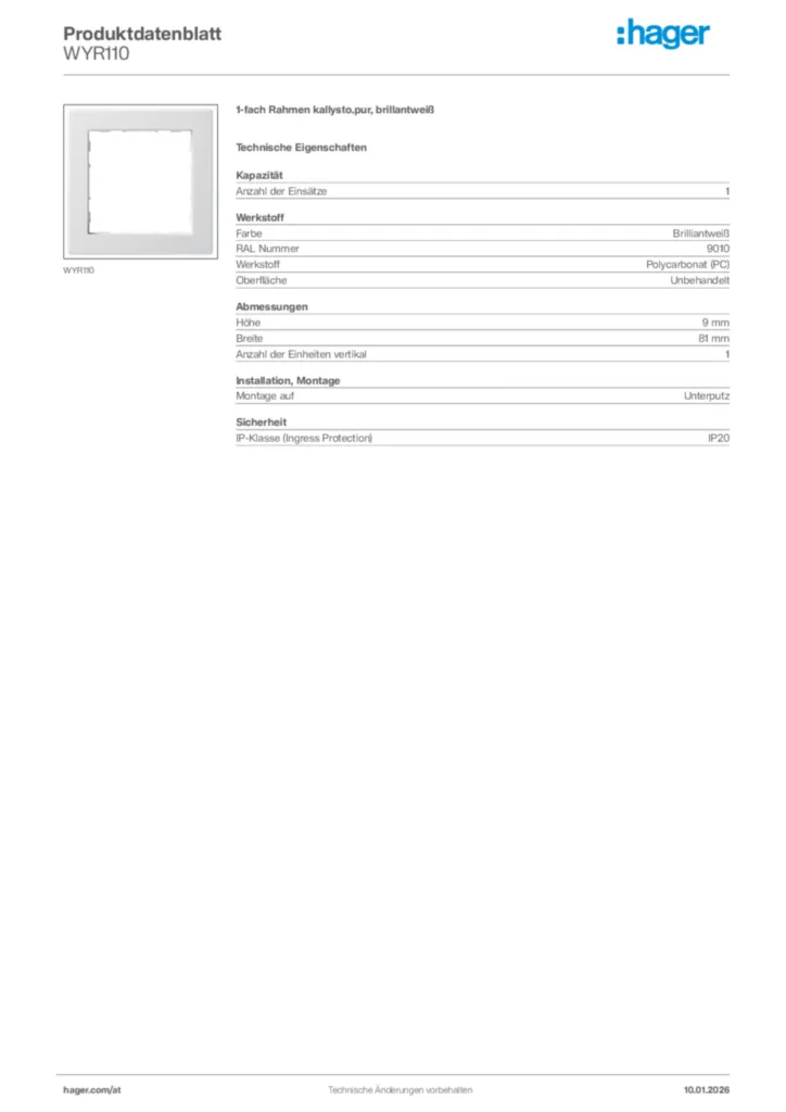 Bild Hager Produktdatenblatt WYR110 | Hager Deutschland