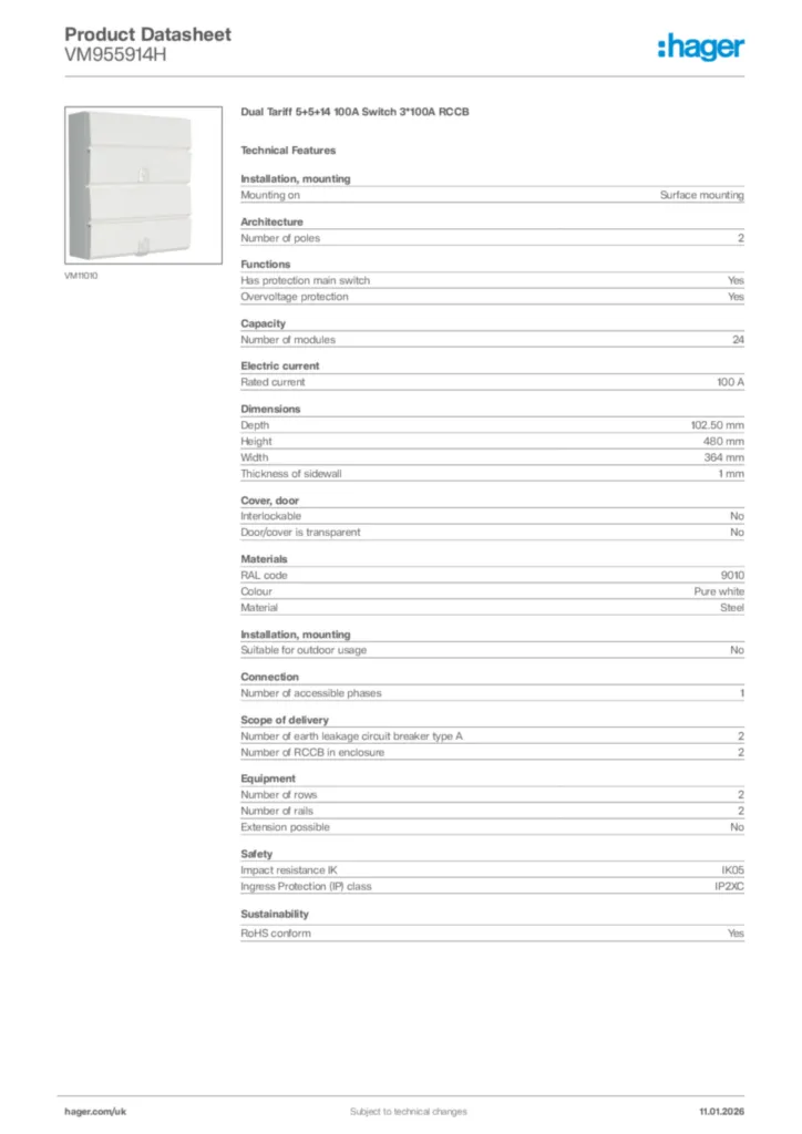 Image Hager Product data sheet VM955914H  | Hager
