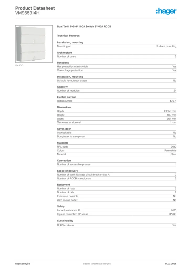 Image Hager Product data sheet VM955914H  | Hager