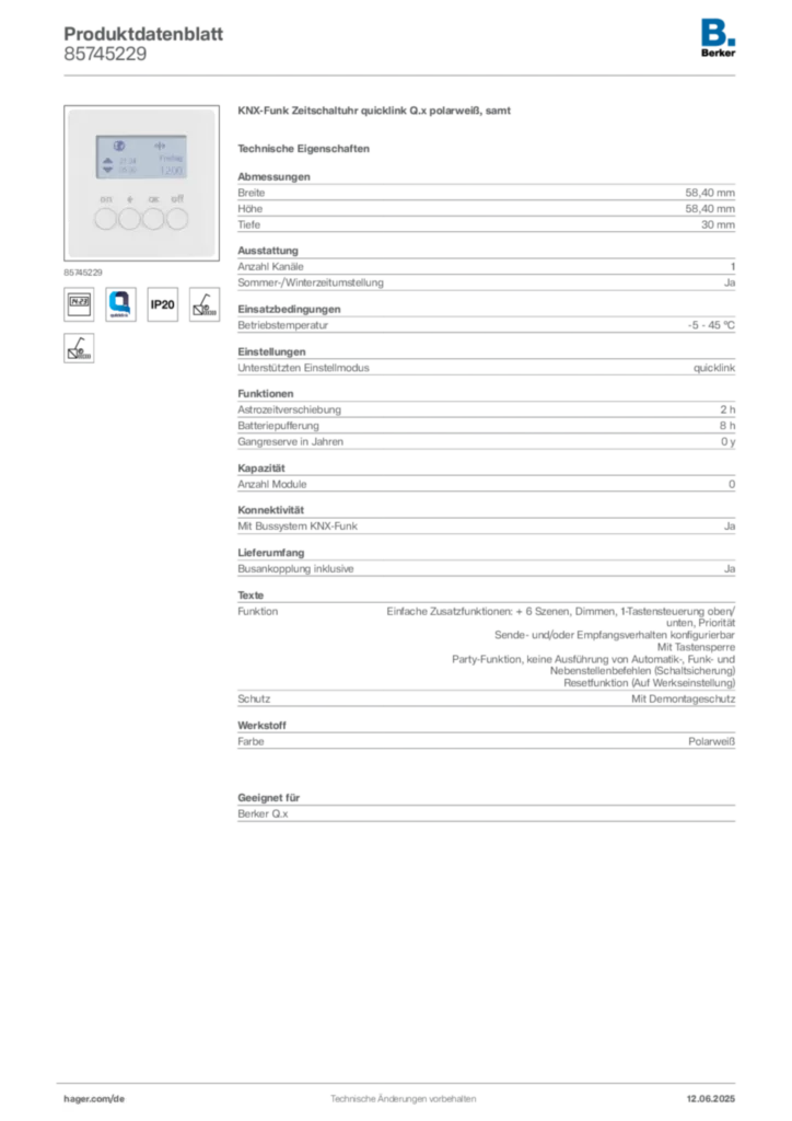 Bild Berker Produktdatenblatt 85745229 | Hager Deutschland