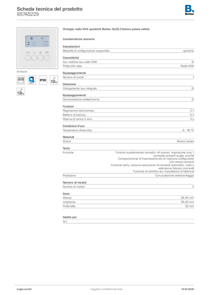 Immagine Berker Scheda tecnica del prodotto 85745229 | Hager Italia