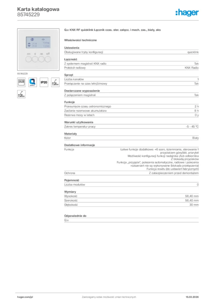 Zdjęcie Hager Karta katalogowa 85745229 | Hager Polska