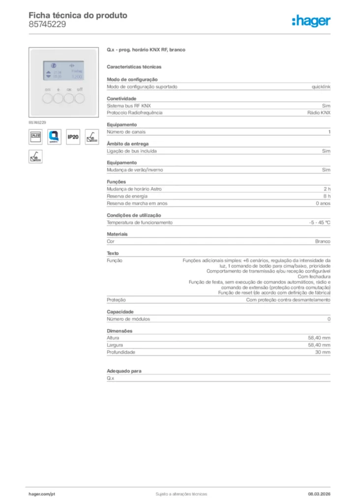 Imagem Hager Ficha técnica do produto 85745229 | Hager Portugal