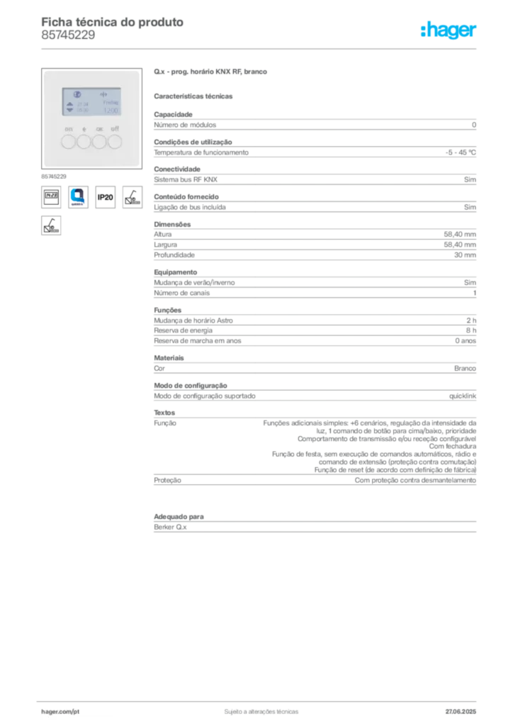 Imagem Hager Ficha técnica do produto 85745229 | Hager Portugal