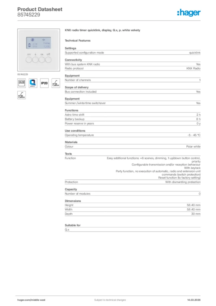 Image Hager Product data sheet 85745229  | Hager