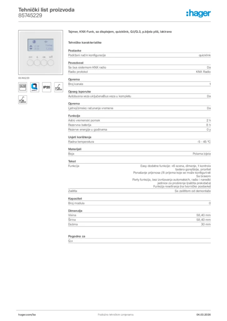 Slika Hager Tehnički list proizvoda 85745229  | Hager