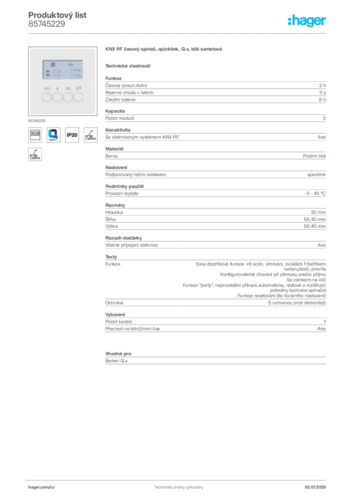 Obrázek Hager Produktový list 85745229 | Hager