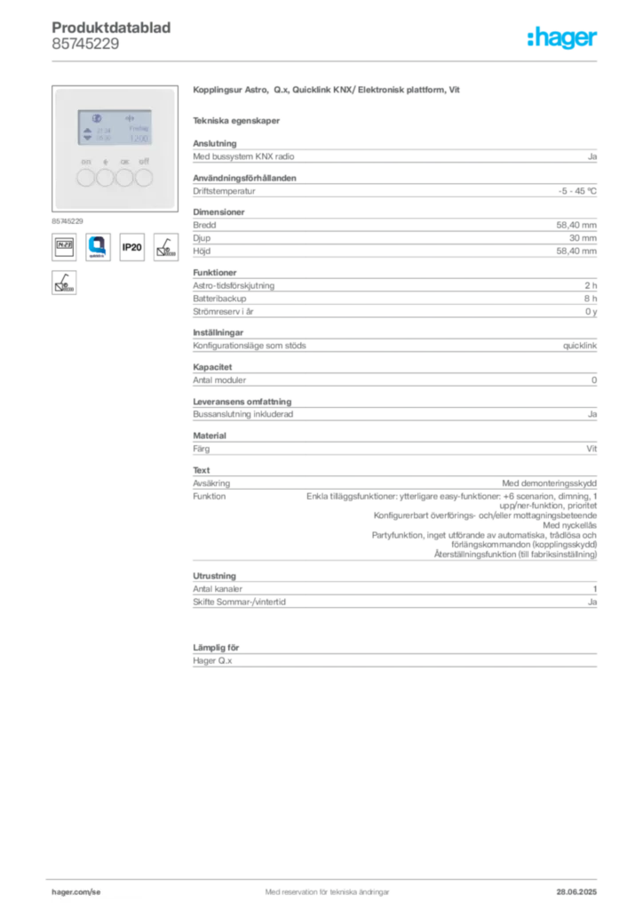 Bild Hager Produktdatablad 85745229 | Hager Sverige