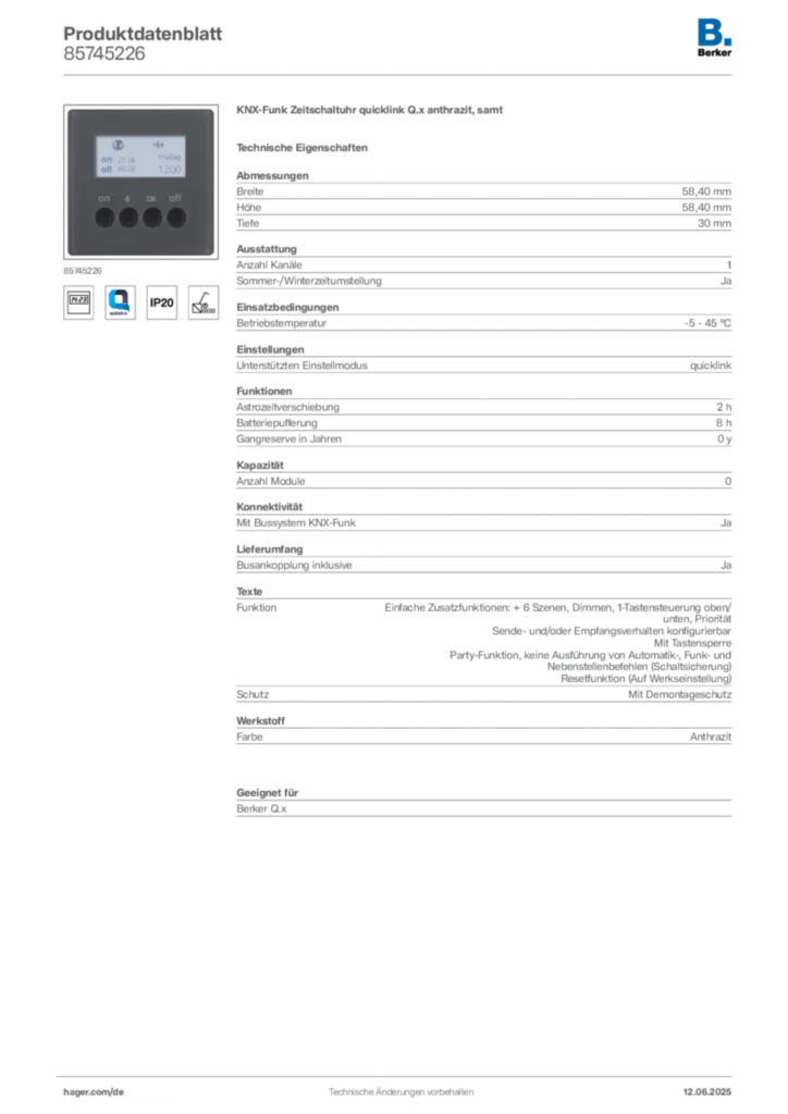 Bild Berker Produktdatenblatt 85745226 | Hager Deutschland