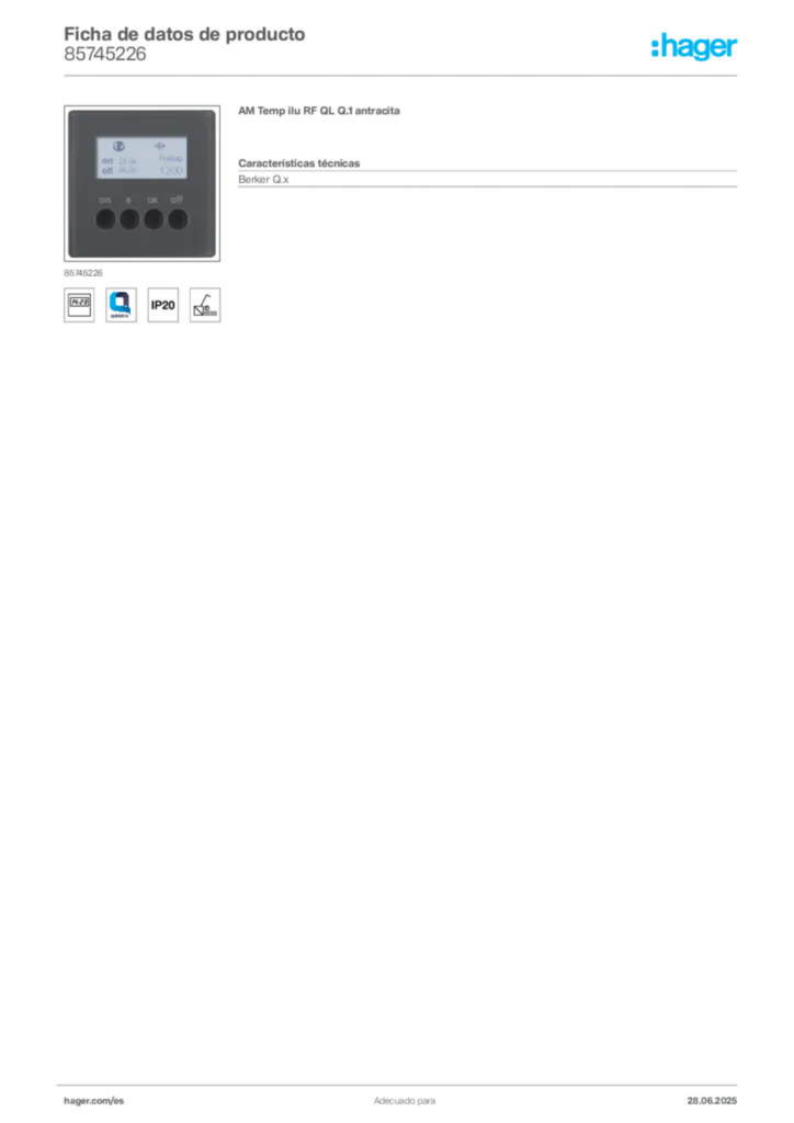Imagen Hager Ficha de datos de producto 85745226 | Hager España