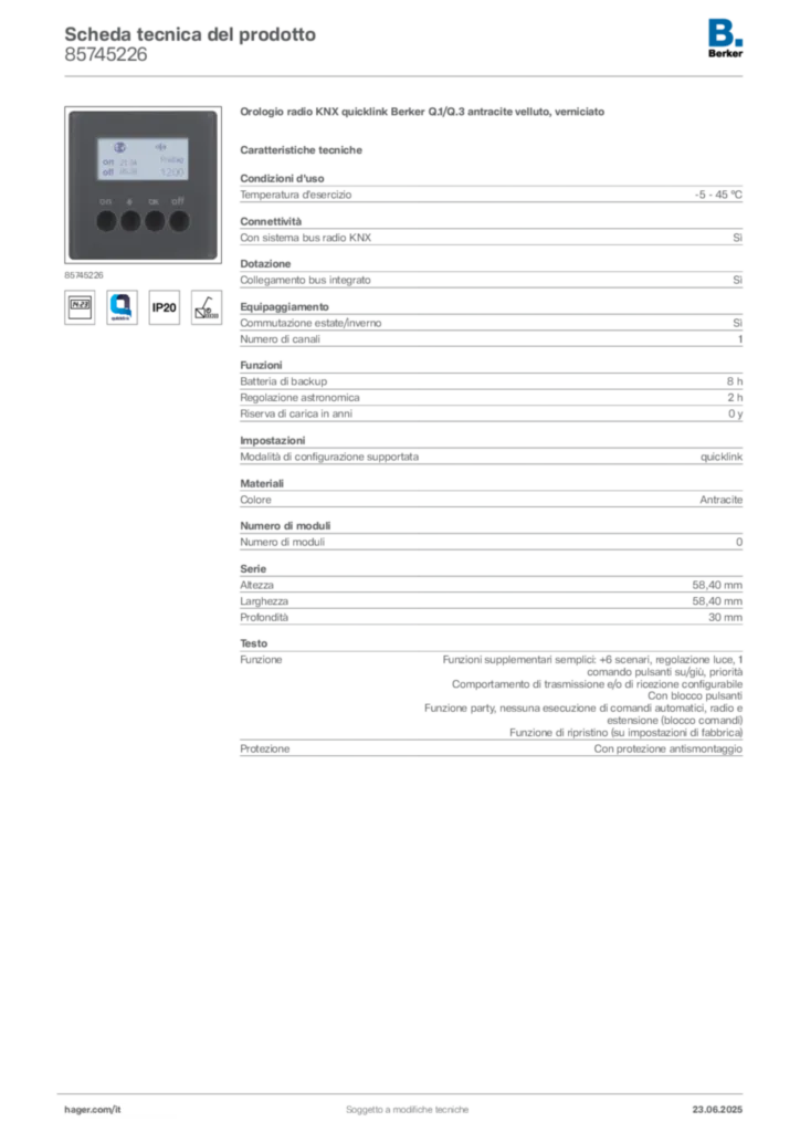 Immagine Berker Scheda tecnica del prodotto 85745226 | Hager Italia