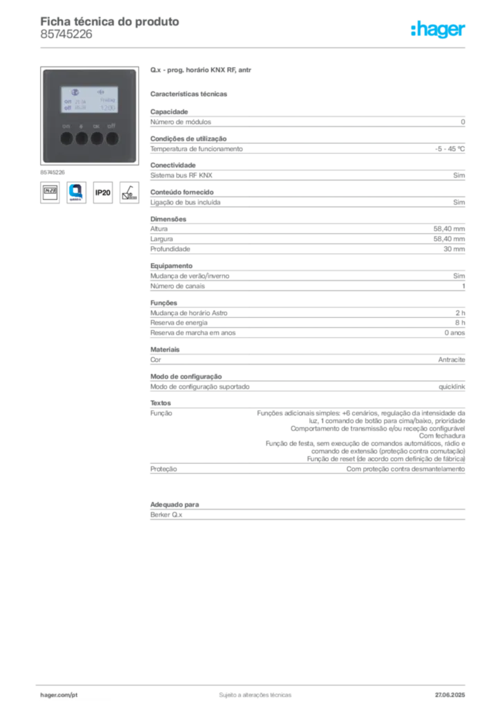 Imagem Hager Ficha técnica do produto 85745226 | Hager Portugal