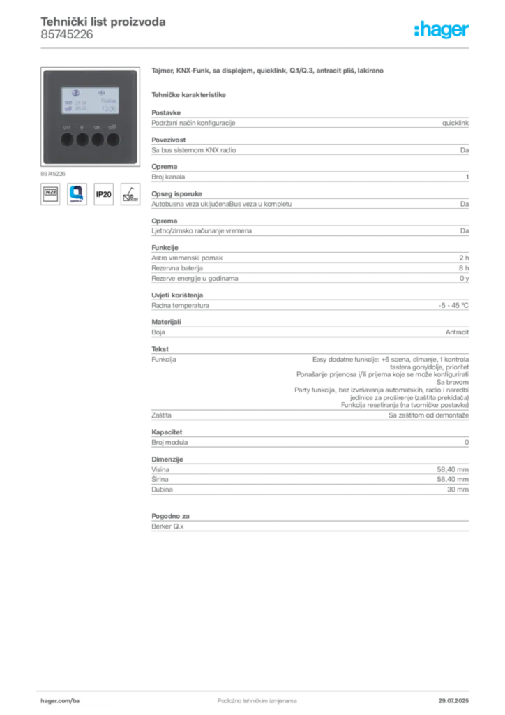 Slika Hager Product data sheet 85745226  | Hager