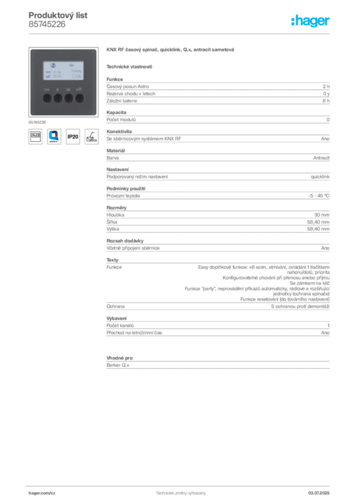 Obrázek Hager Produktový list 85745226 | Hager