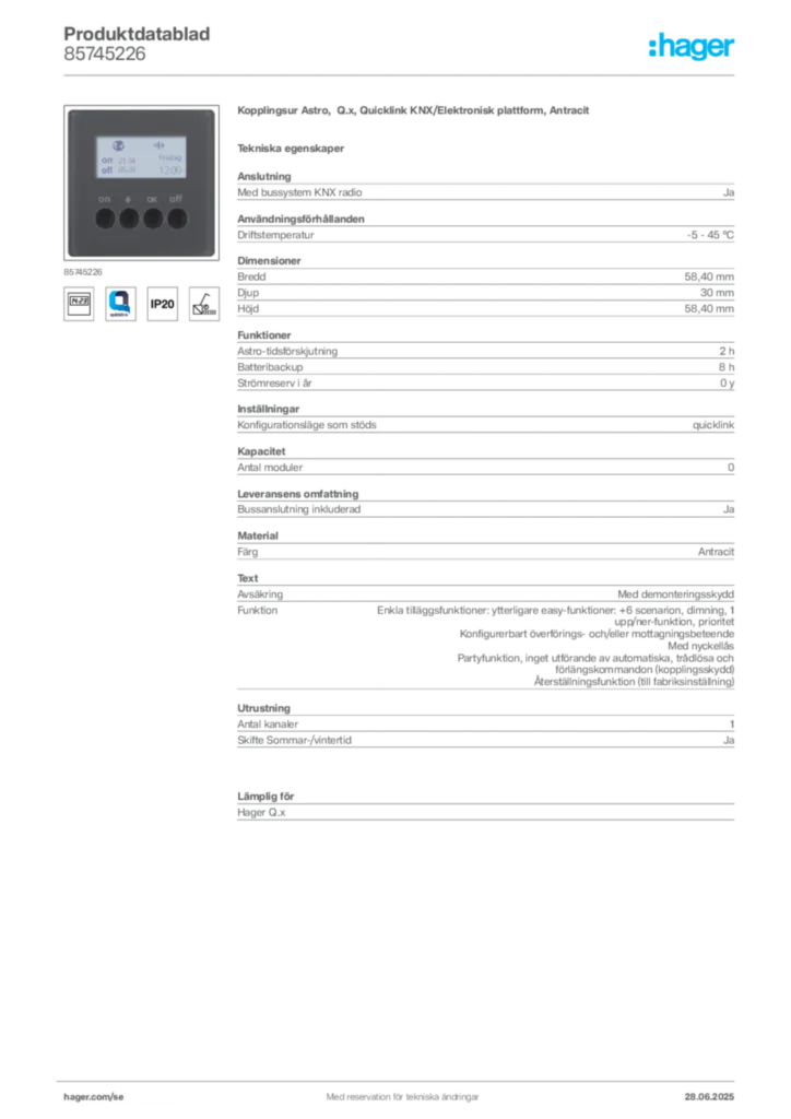Bild Hager Produktdatablad 85745226 | Hager Sverige