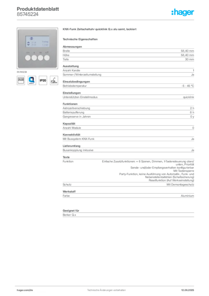 Bild Berker Produktdatenblatt 85745224 | Hager Deutschland