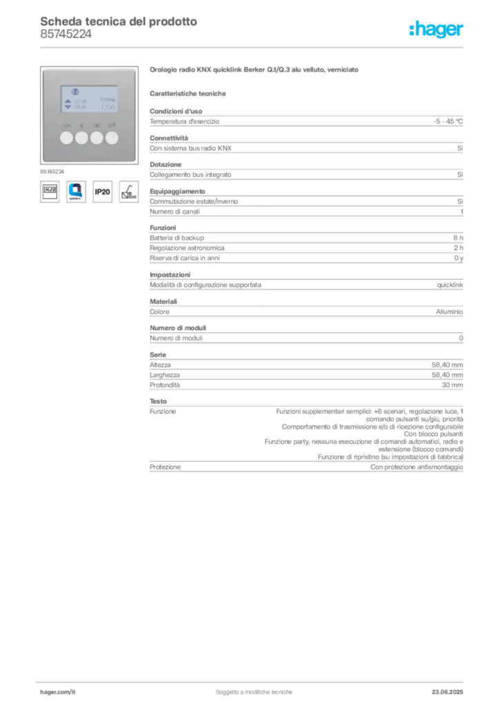 Immagine Berker Scheda tecnica del prodotto 85745224 | Hager Italia