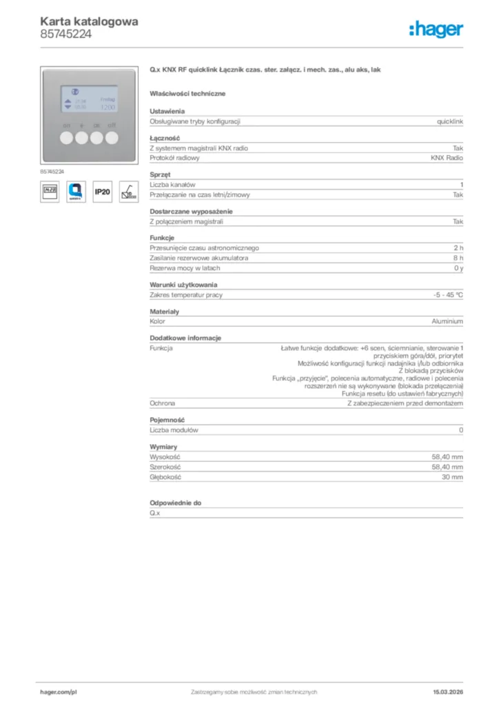 Zdjęcie Hager Karta katalogowa 85745224 | Hager Polska