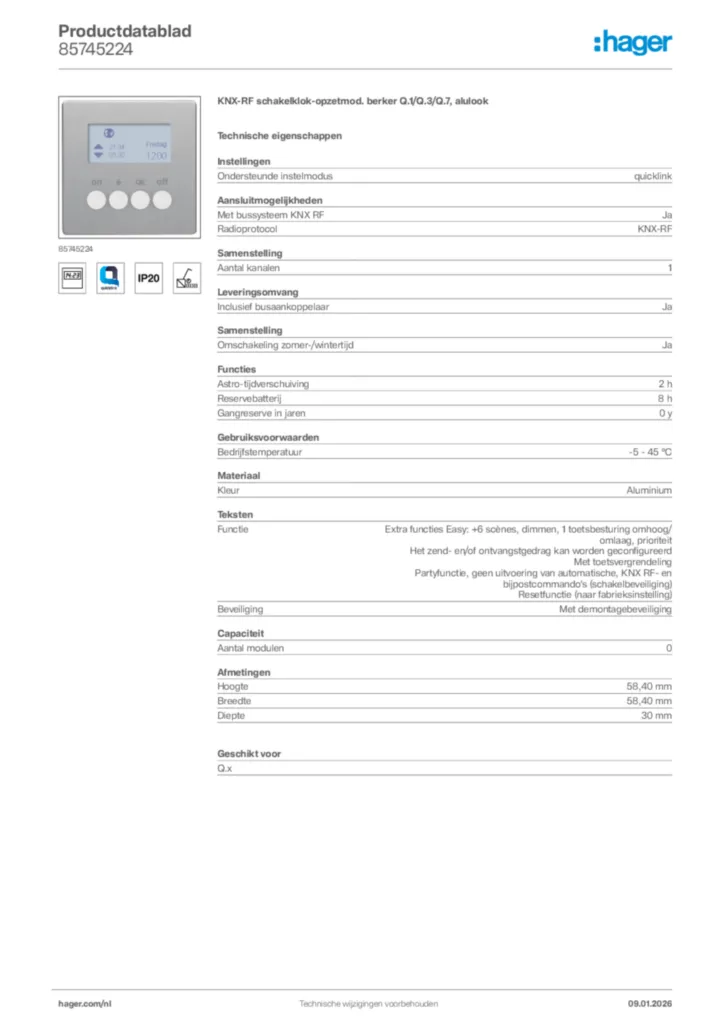 Afbeelding Hager Productdatablad 85745224 | Hager Nederland