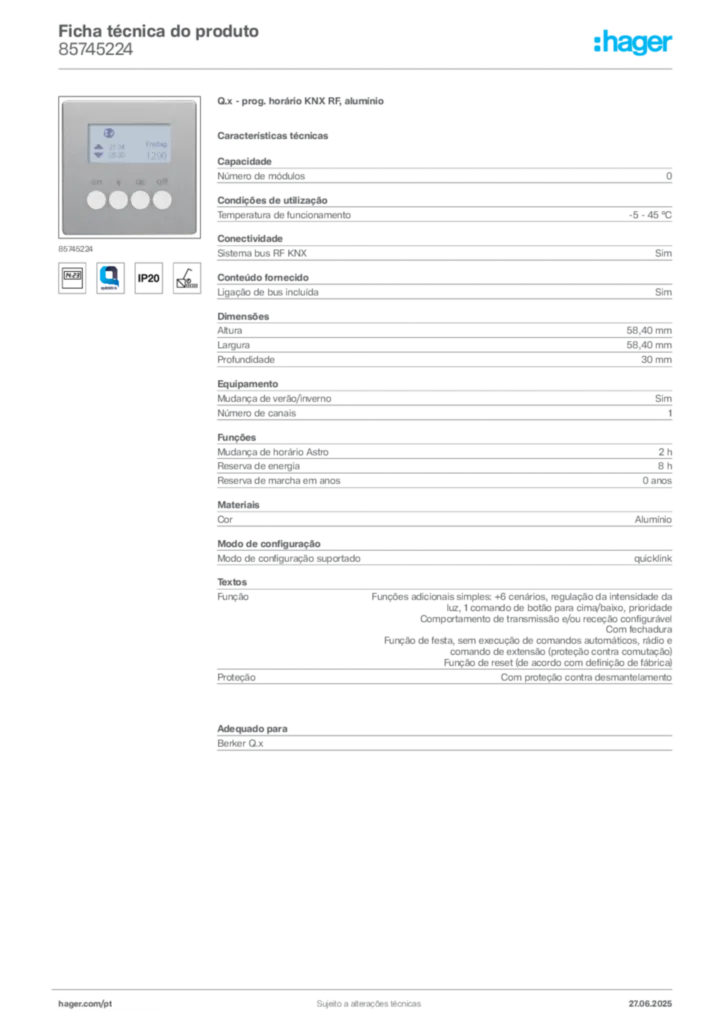 Imagem Hager Ficha técnica do produto 85745224 | Hager Portugal