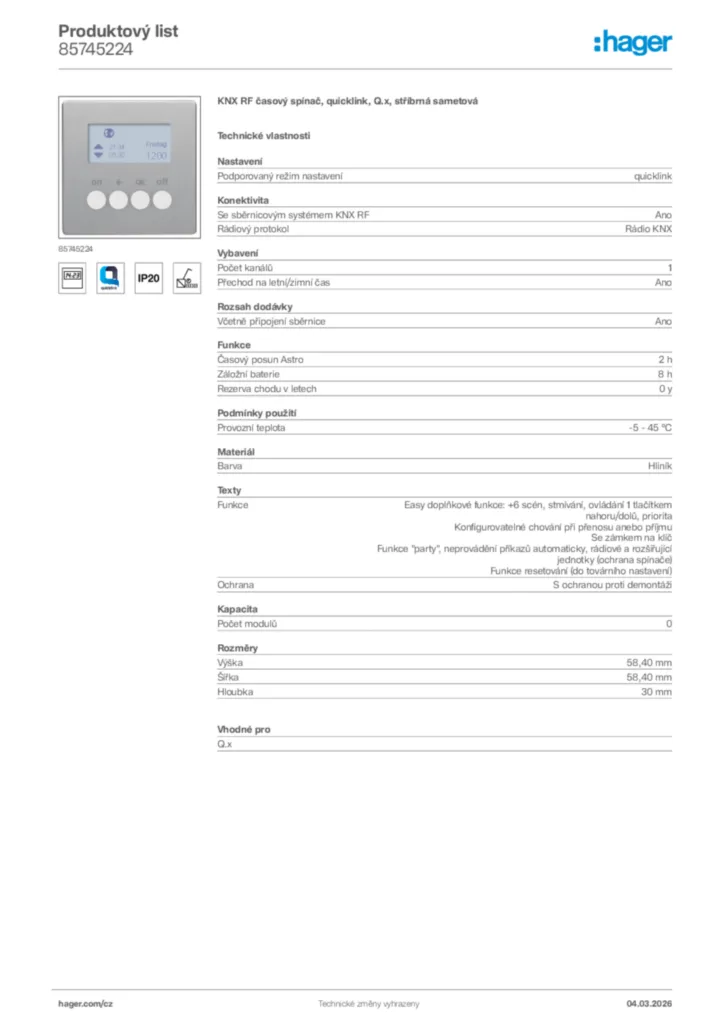 Obrázek Hager Product data sheet 85745224 | Hager