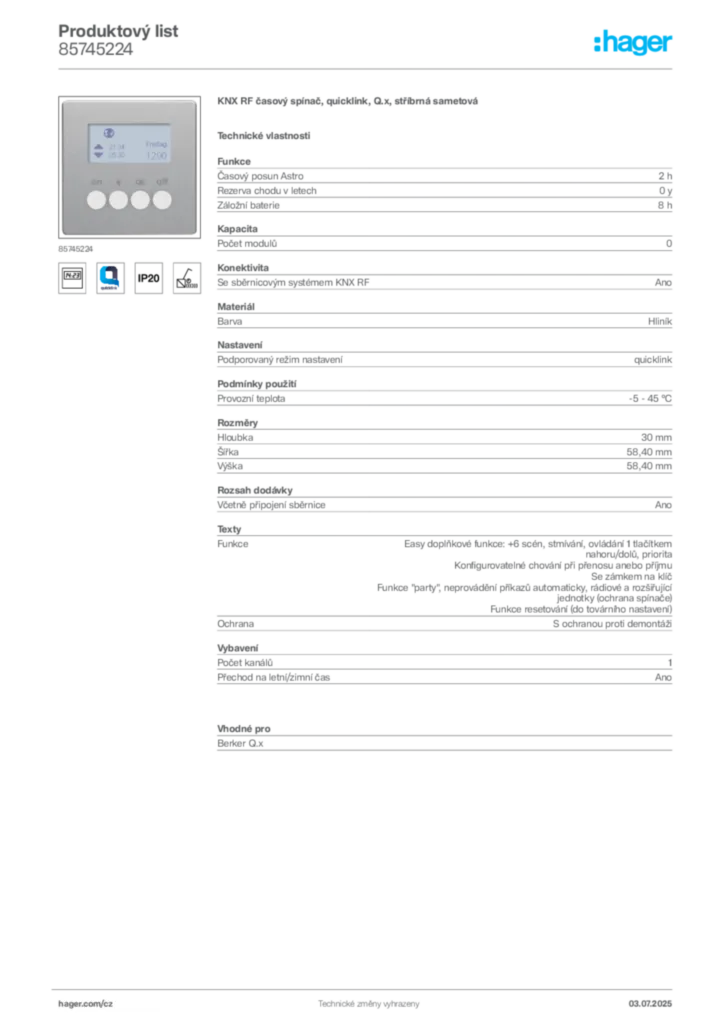 Obrázek Hager Produktový list 85745224 | Hager