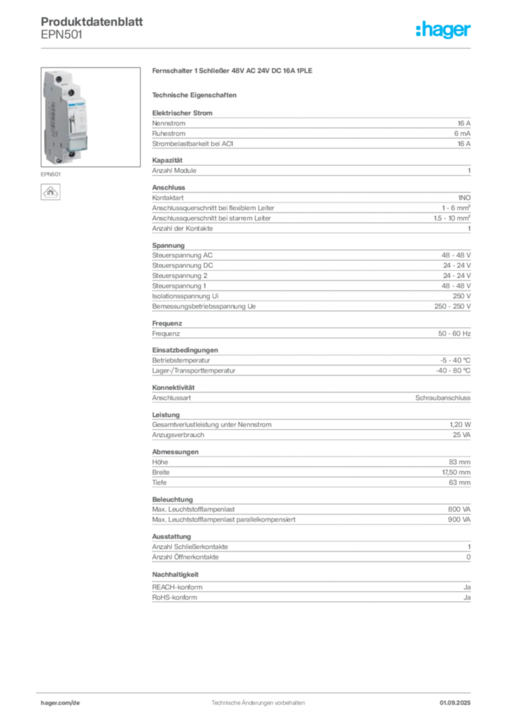 Bild Hager Produktdatenblatt EPN501 | Hager Deutschland
