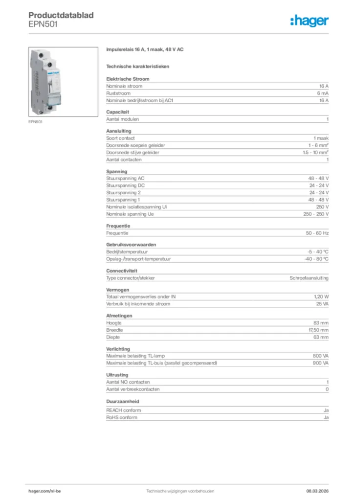 Afbeelding Hager Productdatablad EPN501 | Hager Belgium