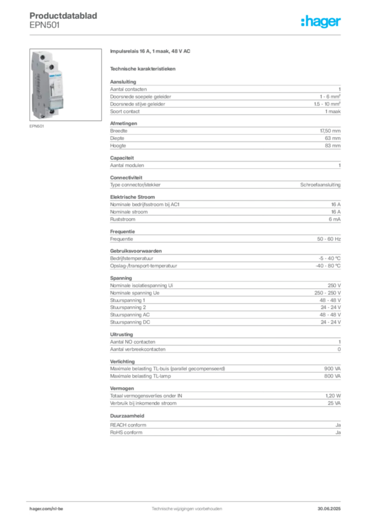 Afbeelding Hager Productdatablad EPN501 | Hager Belgium