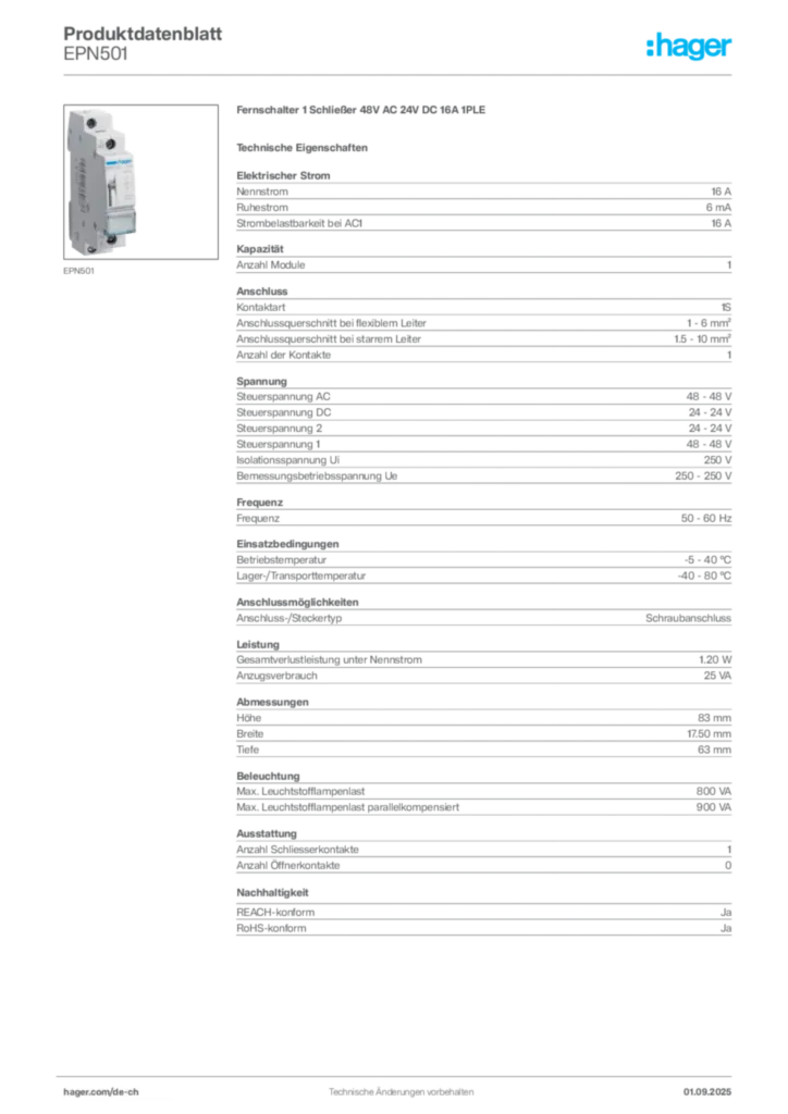 Bild Hager Produktdatenblatt EPN501 | Hager Schweiz
