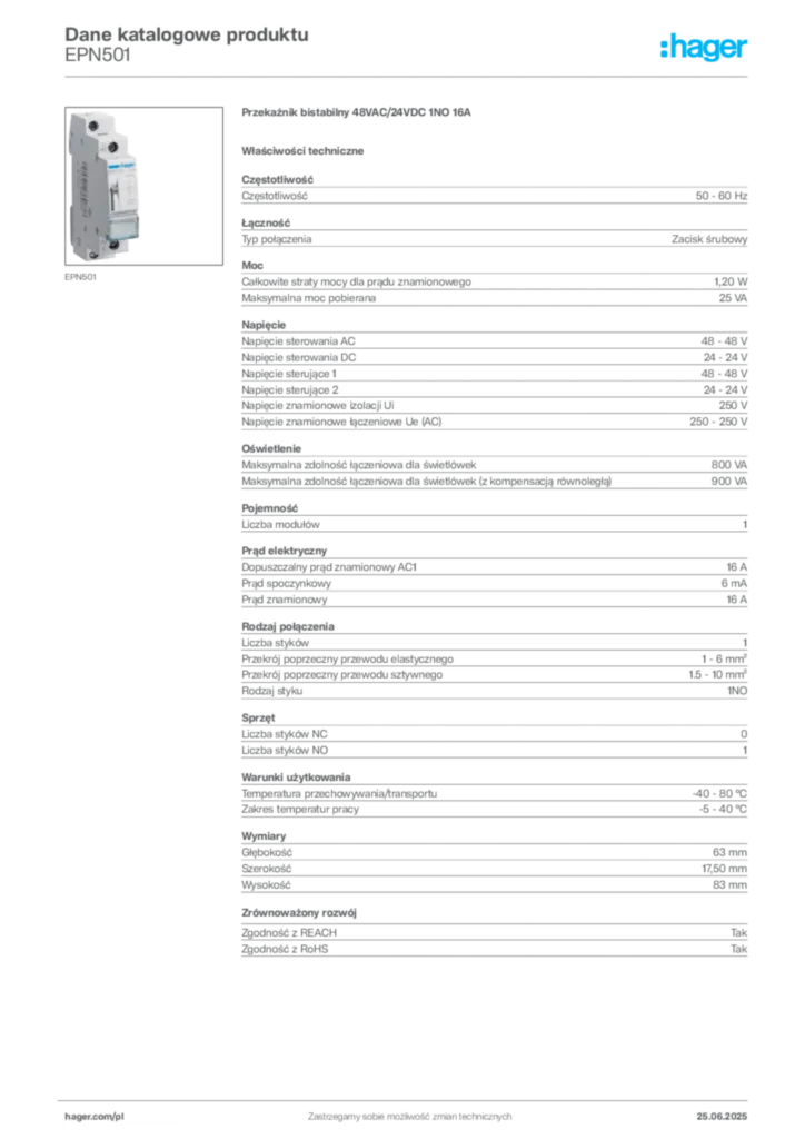 Zdjęcie Hager Karta katalogowa EPN501 | Hager Polska