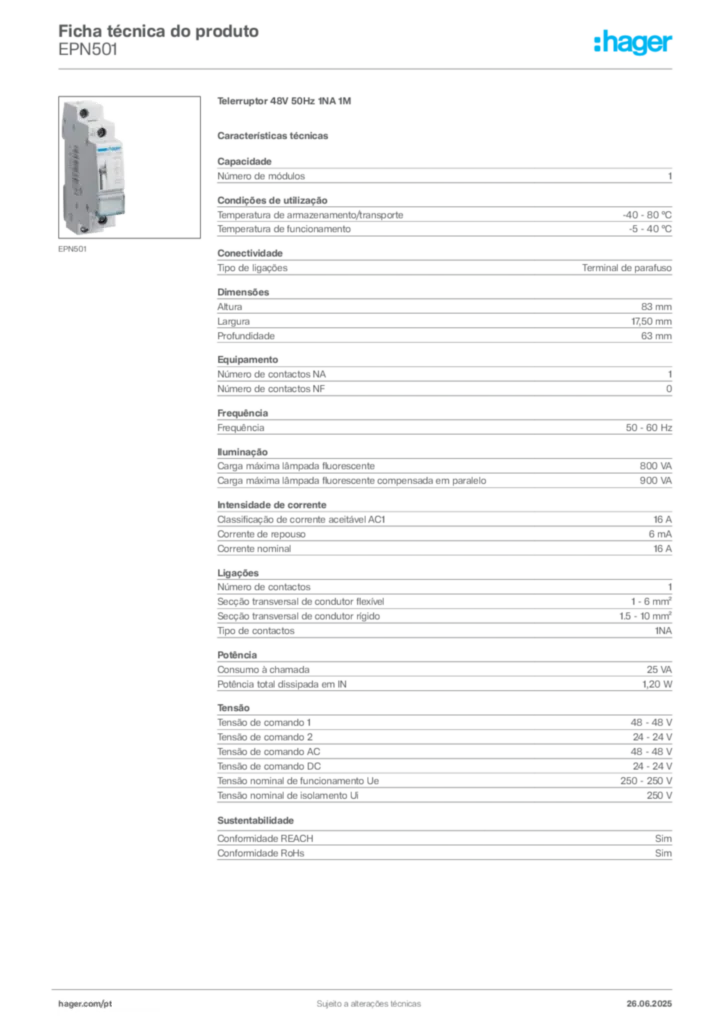 Imagem Hager Ficha técnica do produto EPN501 | Hager Portugal