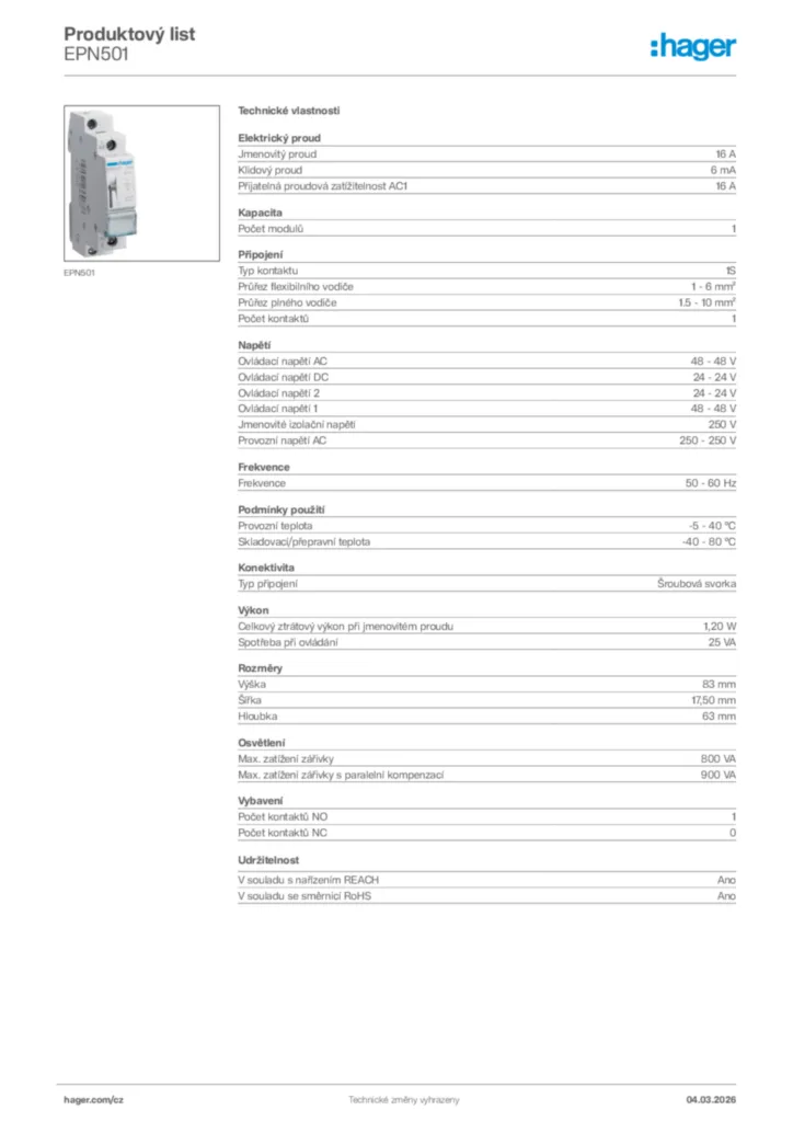 Obrázek Hager Product data sheet EPN501 | Hager