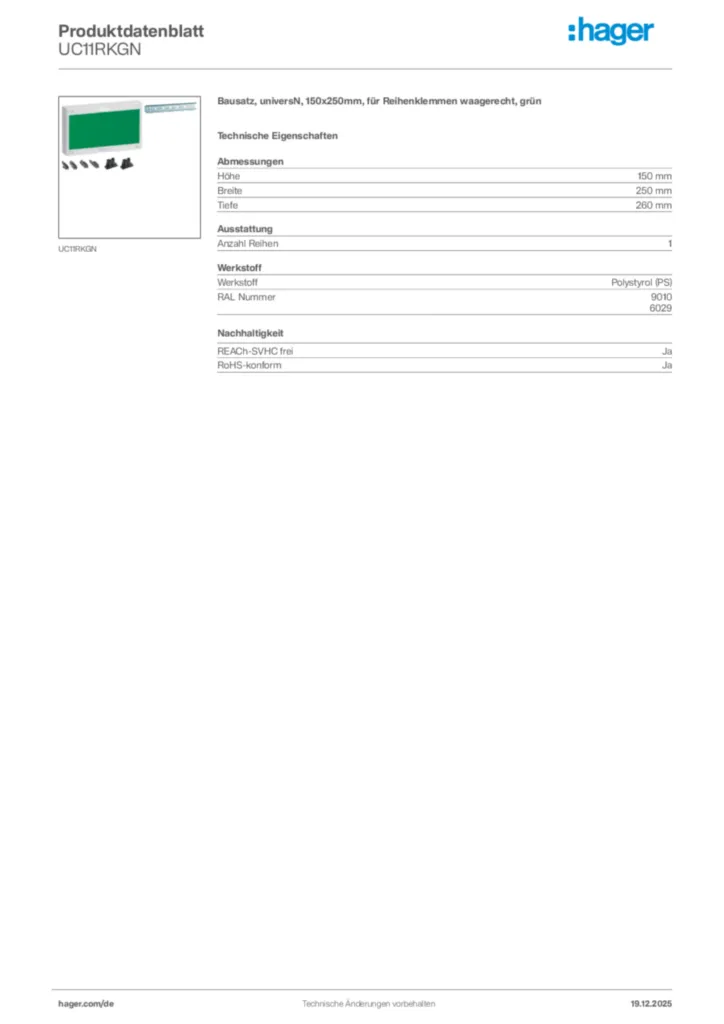 Bild Hager Produktdatenblatt UC11RKGN | Hager Deutschland