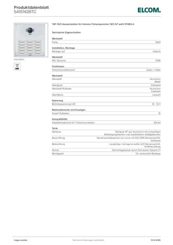 Bild Elcom Produktdatenblatt 5415742BTC | Hager Deutschland