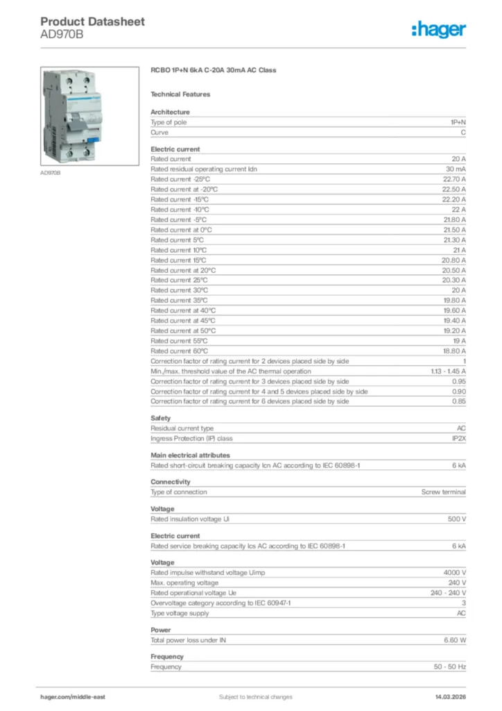 Image Hager Product data sheet AD970B  | Hager