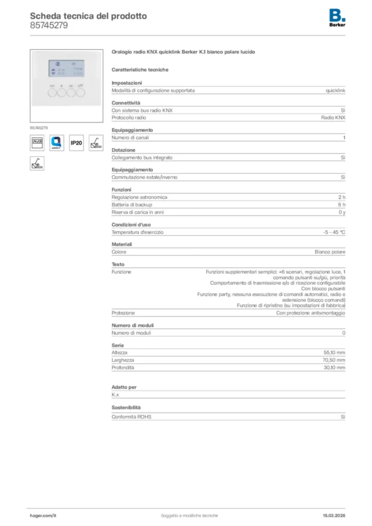 Immagine Berker Scheda tecnica del prodotto 85745279 | Hager Italia
