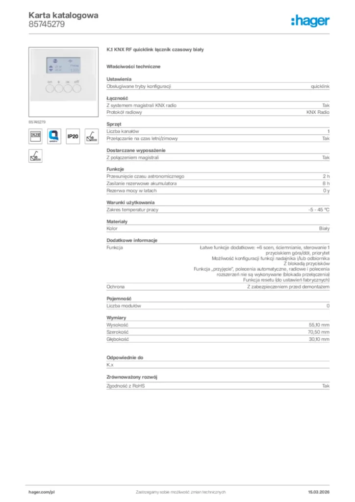 Zdjęcie Hager Karta katalogowa 85745279 | Hager Polska