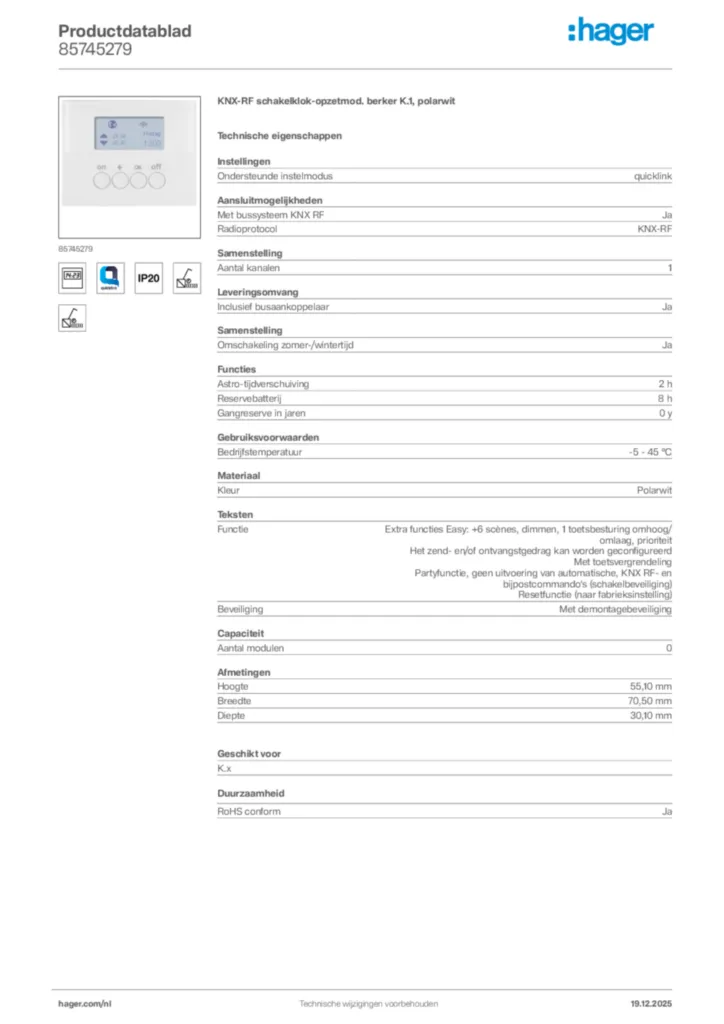 Afbeelding Hager Productdatablad 85745279 | Hager Nederland