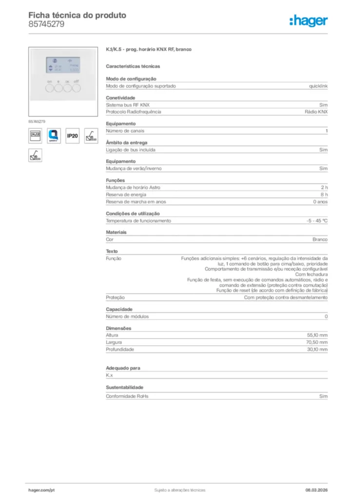 Imagem Hager Ficha técnica do produto 85745279 | Hager Portugal