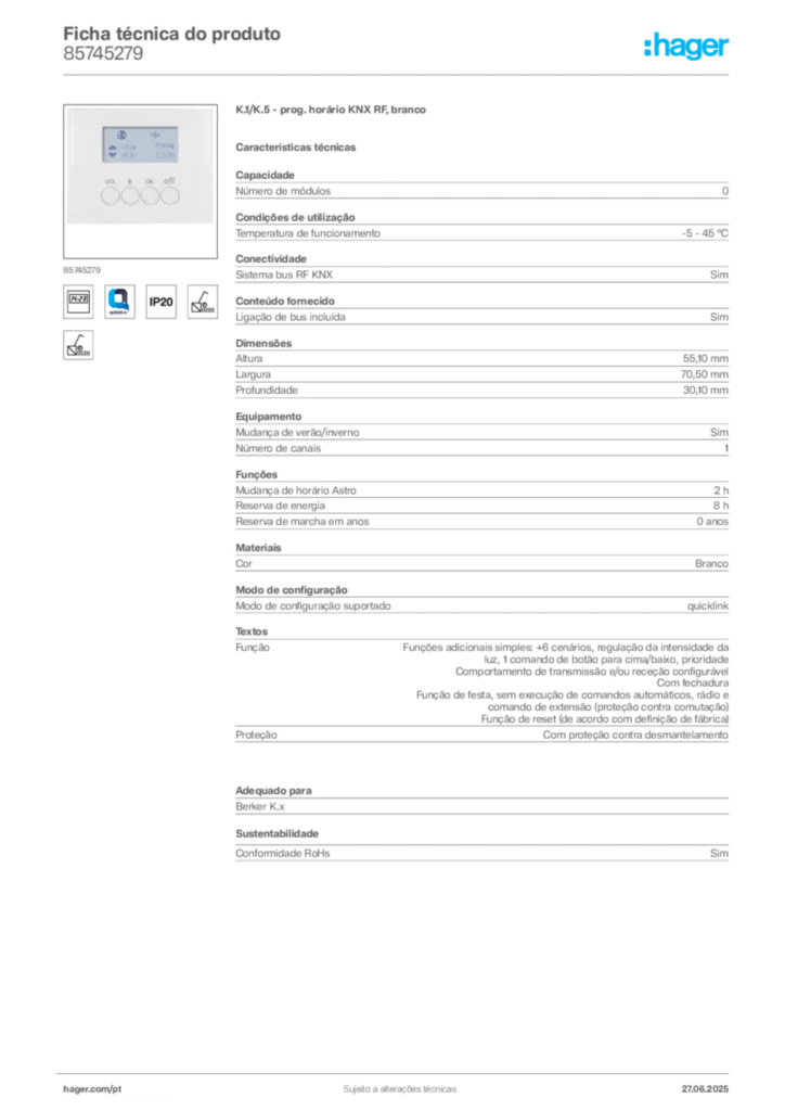 Imagem Hager Ficha técnica do produto 85745279 | Hager Portugal
