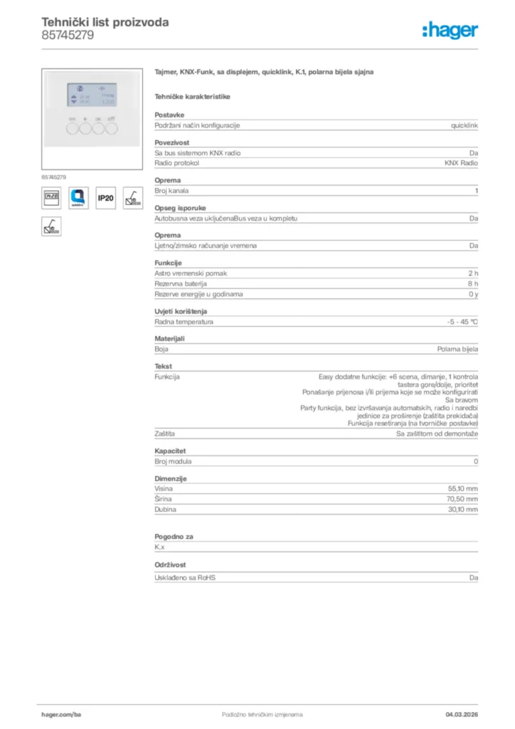 Slika Hager Tehnički list proizvoda 85745279  | Hager