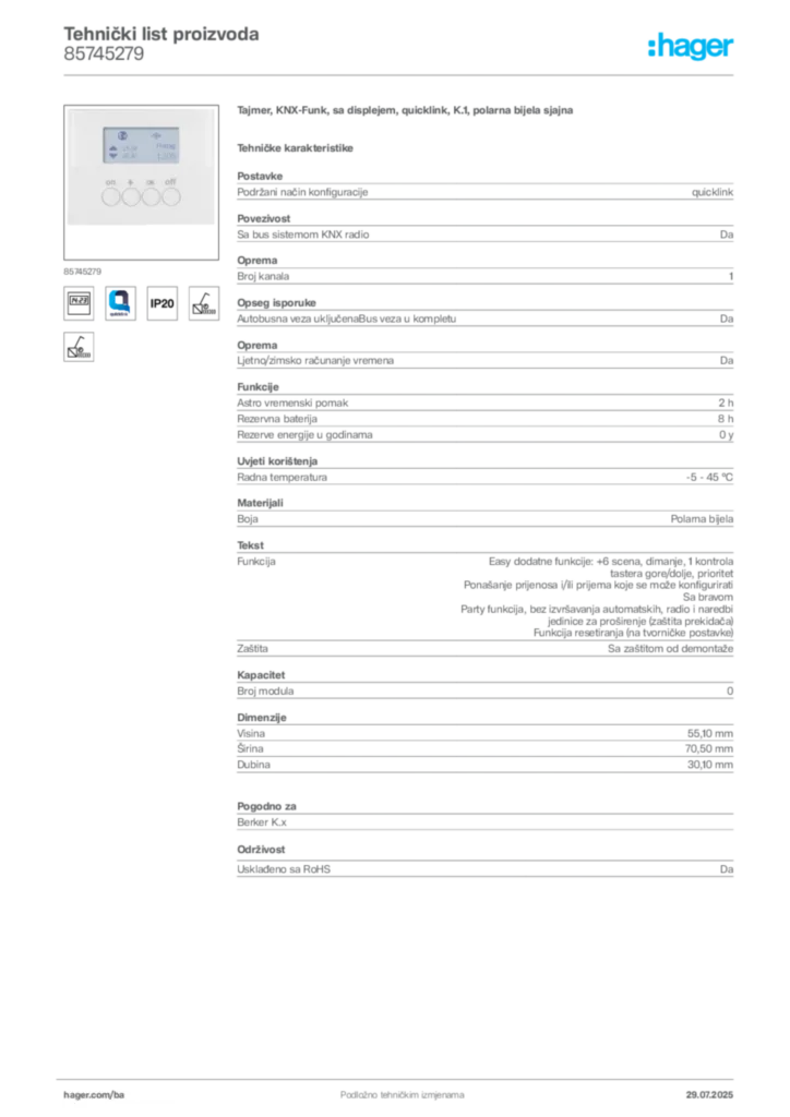 Slika Hager Product data sheet 85745279  | Hager