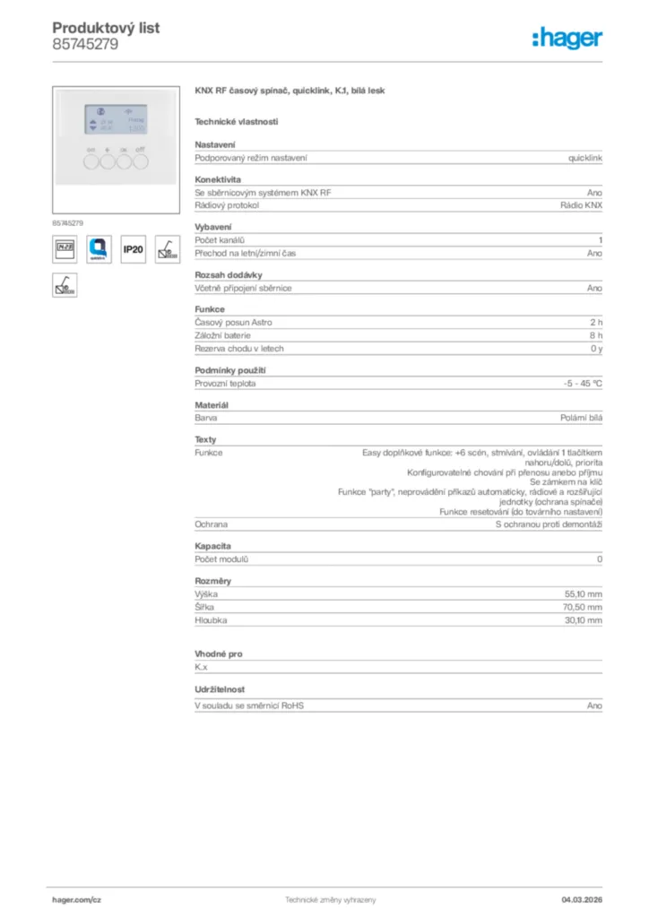 Obrázek Hager Product data sheet 85745279 | Hager